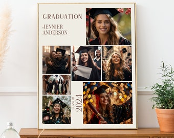 May include: A graduation collage featuring a smiling graduate in a cap and gown, surrounded by photos of other graduates celebrating. The text "GRADUATION" and "JENNIFER ANDERSON" is at the top of the collage, and "CLASS OF 2024" is in the bottom left corner.