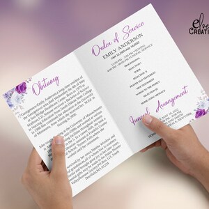 May include: A purple and white floral design with a white background. The text "Obituary" is in a purple font. The text "Order of Service" is in a purple font. The text "Emily Anderson" is in a purple font. The text "Jan 12, 1955-July 14, 2022" is in a purple font. The text "12:00 PM-3:00 PM Viewing" is in a purple font. The text "4:00 PM-6:00 PM Funeral Service" is in a purple font. The text "Processional" is in a purple font. The text "Selection 1" is in a purple font. The text "Poem" is in a purple font. The text "Selection II" is in a purple font. The text "Prayer Old Testament" is in a purple font. The text "New Testament" is in a purple font. The text "Words to the Family" is in a purple font. The text "Selection III" is in a purple font. The text "Home Going Message" is in a purple font. The text "Funeral Arrangement" is in a purple font. The text "May 18, 2022" is in a purple font. The text "2:00 PM-5:00 PM" is in a purple font. The text "Geo and Smith" is in a purple font. The text "Memorials, New York" is in a purple font. The text "Home" is in a purple font.