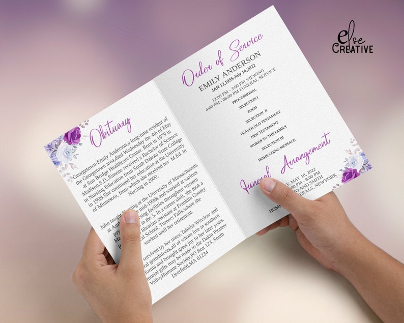 May include: A purple and white floral design with a white background. The text "Obituary" is in a purple font. The text "Order of Service" is in a purple font. The text "Emily Anderson" is in a purple font. The text "Jan 12, 1955-July 14, 2022" is in a purple font. The text "12:00 PM-3:00 PM Viewing" is in a purple font. The text "4:00 PM-6:00 PM Funeral Service" is in a purple font. The text "Processional" is in a purple font. The text "Selection 1" is in a purple font. The text "Poem" is in a purple font. The text "Selection II" is in a purple font. The text "Prayer Old Testament" is in a purple font. The text "New Testament" is in a purple font. The text "Words to the Family" is in a purple font. The text "Selection III" is in a purple font. The text "Home Going Message" is in a purple font. The text "Funeral Arrangement" is in a purple font. The text "May 18, 2022" is in a purple font. The text "2:00 PM-5:00 PM" is in a purple font. The text "Geo and Smith" is in a purple font. The text "Memorials, New York" is in a purple font. The text "Home" is in a purple font.