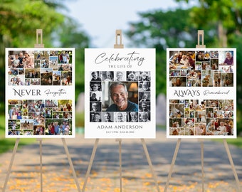 Modello di cartello per collage di foto funebri: Celebrazione della memoria della vita (Canva modificabile, download digitale)