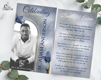 Blue Floral Funeral Prayer Card Template: Editable Memorial (Digital Download)