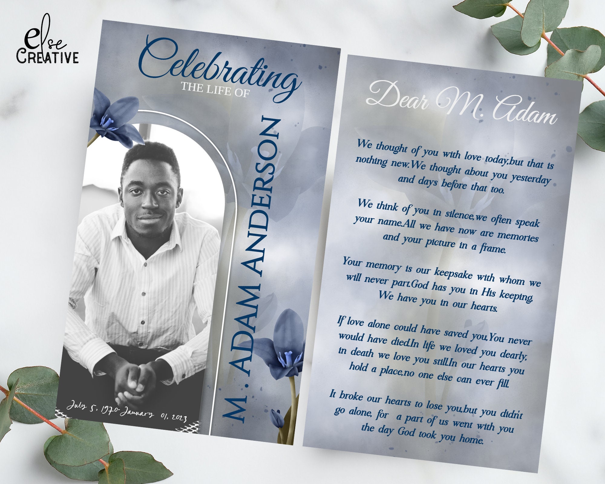 Editable Funeral Prayer Card Template,blue Flower Prayer Card