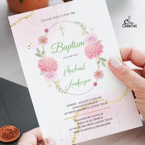 Baptism Invitation Template,Pink wallpaper, Editable, Pink Baptism Invite Card Printable, flower frame Baptism,5x7 inc INSTANT Download,07