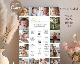 Pôster de colagem de fotos do primeiro aniversário: modelo editável do Canva (download digital)