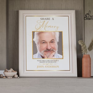Letrero y tarjeta con marco dorado moderno para compartir un recuerdo Tarjeta de memoria para funerales para hombres y mujeres Tarjeta de memoria para funerales imprimible para compartir un recuerdo, 01