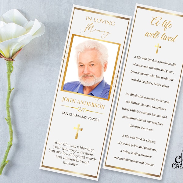 modern photo funeral bookmark template for men & women , memorial bookmark man, funeral bookmark printable 2,5"x7"