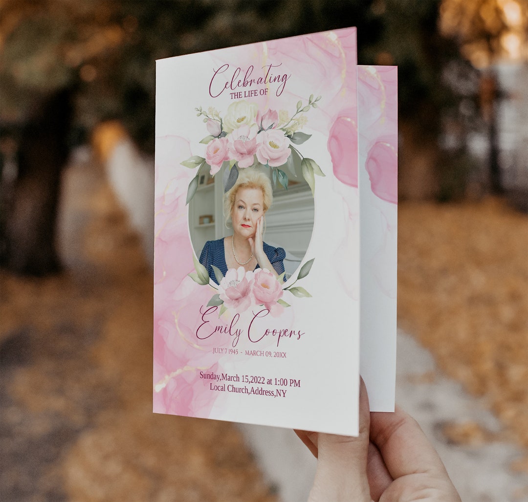 Obituary Template, Pink Roses Funeral Program Template: Editable ...