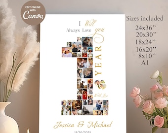 Colagem de fotos de 1º aniversário, presente de casal para namorado e namorada, pôster editável do Canva” Download digital