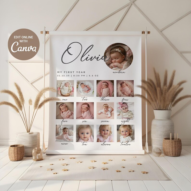 Editable First Year Photo Collage, Baby Milestone Poster, 12 Month Picture Board, Neutral Nursery Decor, Canva Template image 5