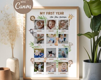 Jungle Safari First Year Photo Collage: Baby Milestone Keepsake (Digital Download, Editable in Canva)