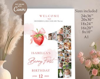 Colagem de fotos do primeiro aniversário de morango: lembrança de bebê (download digital)