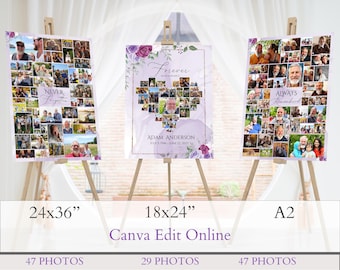 Modelo de colagem de fotos em formato de coração para funeral, rosas roxas (tela)