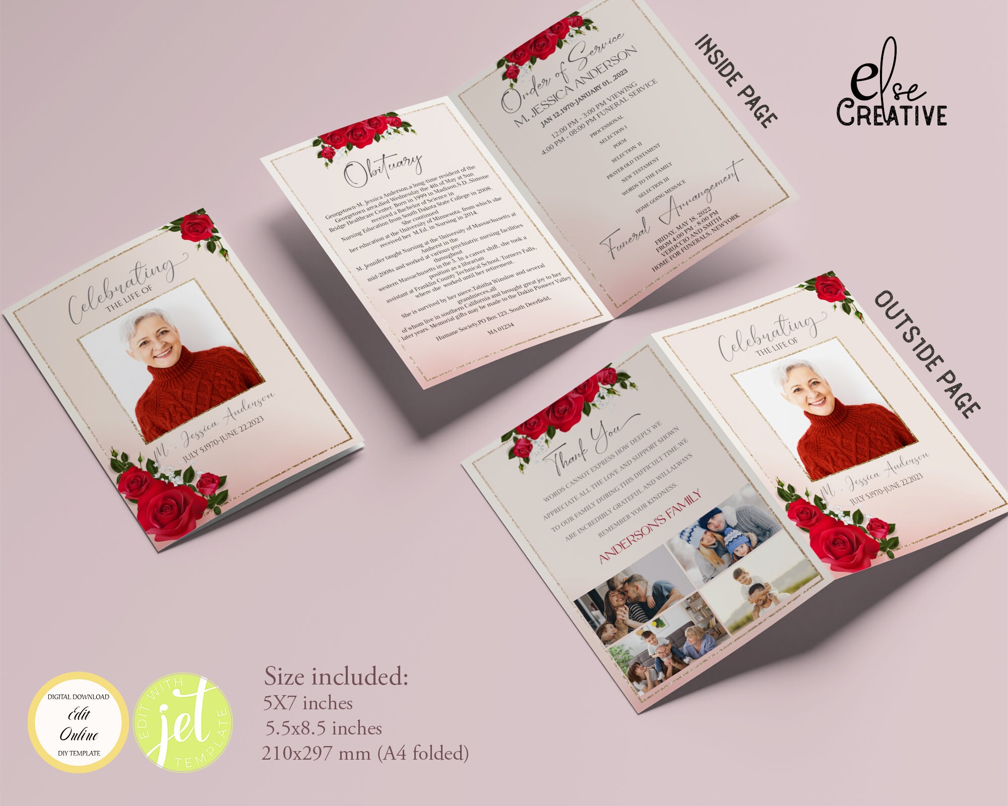 Red Roses Funeral Program Template: Editable Memorial Service (digital ...