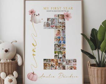 May include: A framed photo collage celebrating a baby's first year. The number "1" is filled with baby photos. The words "MY FIRST YEAR" and "Amelia Davidson" are in gold script. Decorative elements include a ghost, flowers, and a pumpkin.