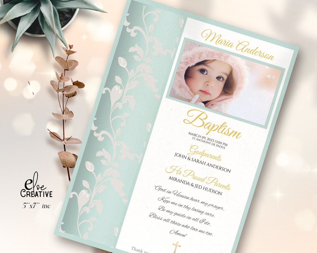 Green Baptism Invitation Template Rosary Cards, Editable Text (instant