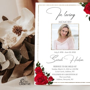 May include: A white memorial card with a gold glitter border. The card features a photo of a woman, the text "In loving memory", the dates "July 5, 1976 - June 22, 2022", and the name "Sarah Hudson". The card also includes details for a service and reception.