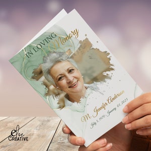 Modelo de programa funerário com tema verde e dourado, celebração da vida, programa funerário, modelo de obituário, programa funerário editável, moderno