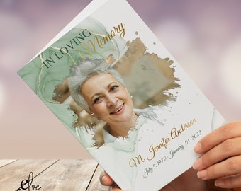 Green and gold themed Funeral program Template, Celebration of Life, Funeral program, Obituary Template, Editable Funeral program, Modern