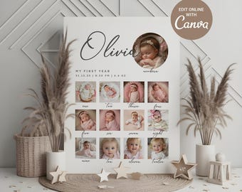 Colagem de fotos do primeiro ano, pôster de marcos do bebê, decoração neutra para quarto de bebê (modelo em tela)
