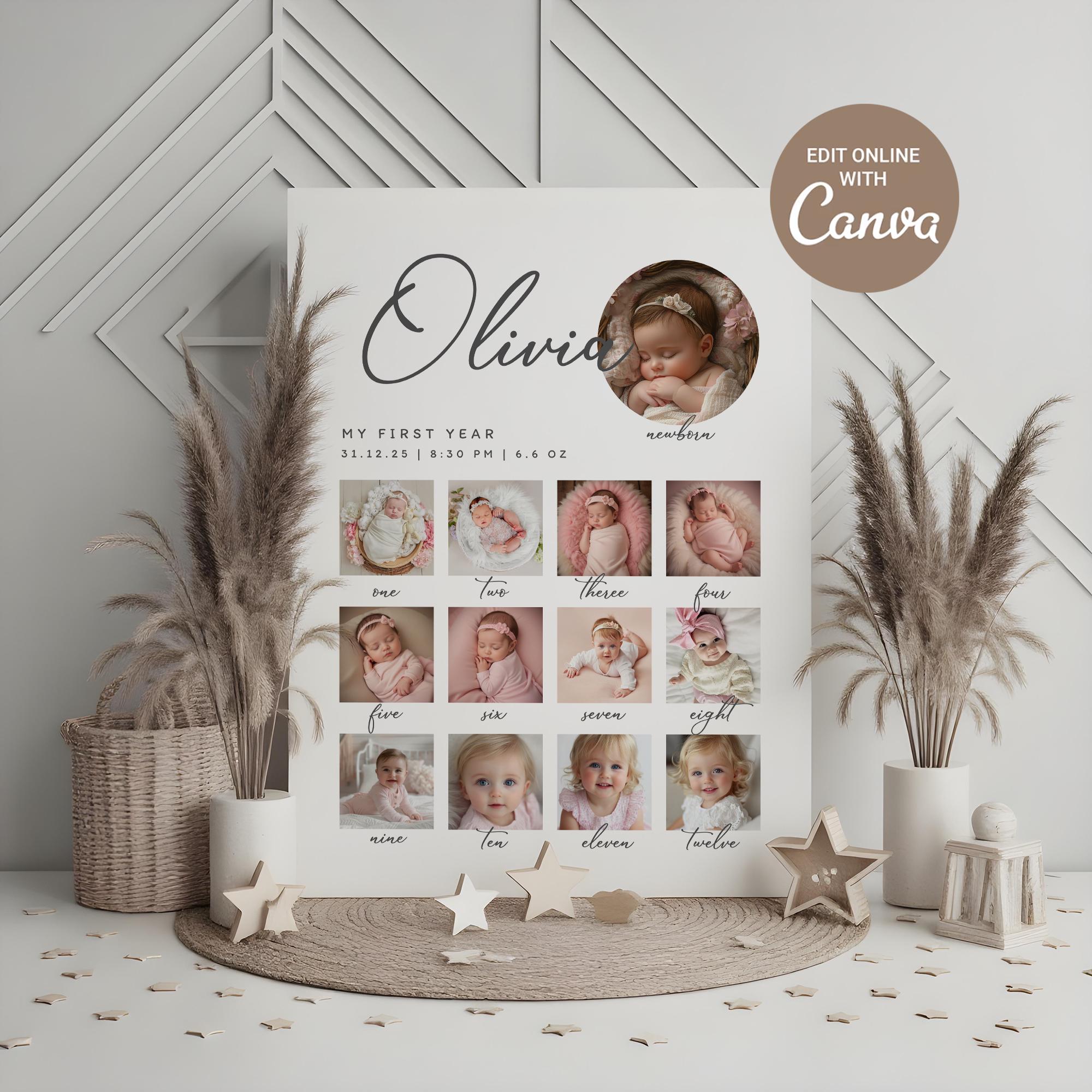 Erstes Jahr Fotocollage, Baby Meilenstein Poster, Neutrale Kinderzimmer Deko (Canva Template)