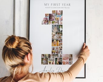 Primeiro aniversário, Colagem de fotos do meu primeiro ano com o número 1, Pôster de primeiro aniversário do bebê, Lembrança editável para registrar momentos importantes, Canva, #05