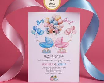 Convite editável para chá revelação de gênero, chá de bebê de gêmeos, modelo Canva para menino ou menina (para imprimir)