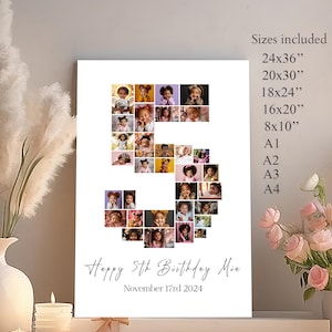 Plantilla de collage de fotos para el quinto cumpleaños, cartel de hito fotográfico para el quinto cumpleaños, número 5, plantilla de póster fotográfico editable para el quinto cumpleaños, Canva