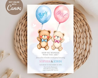 Convite para Revelação de Gênero com Ursinho de Pelúcia, Menino ou Menina, Modelo Canva (Imprimível)