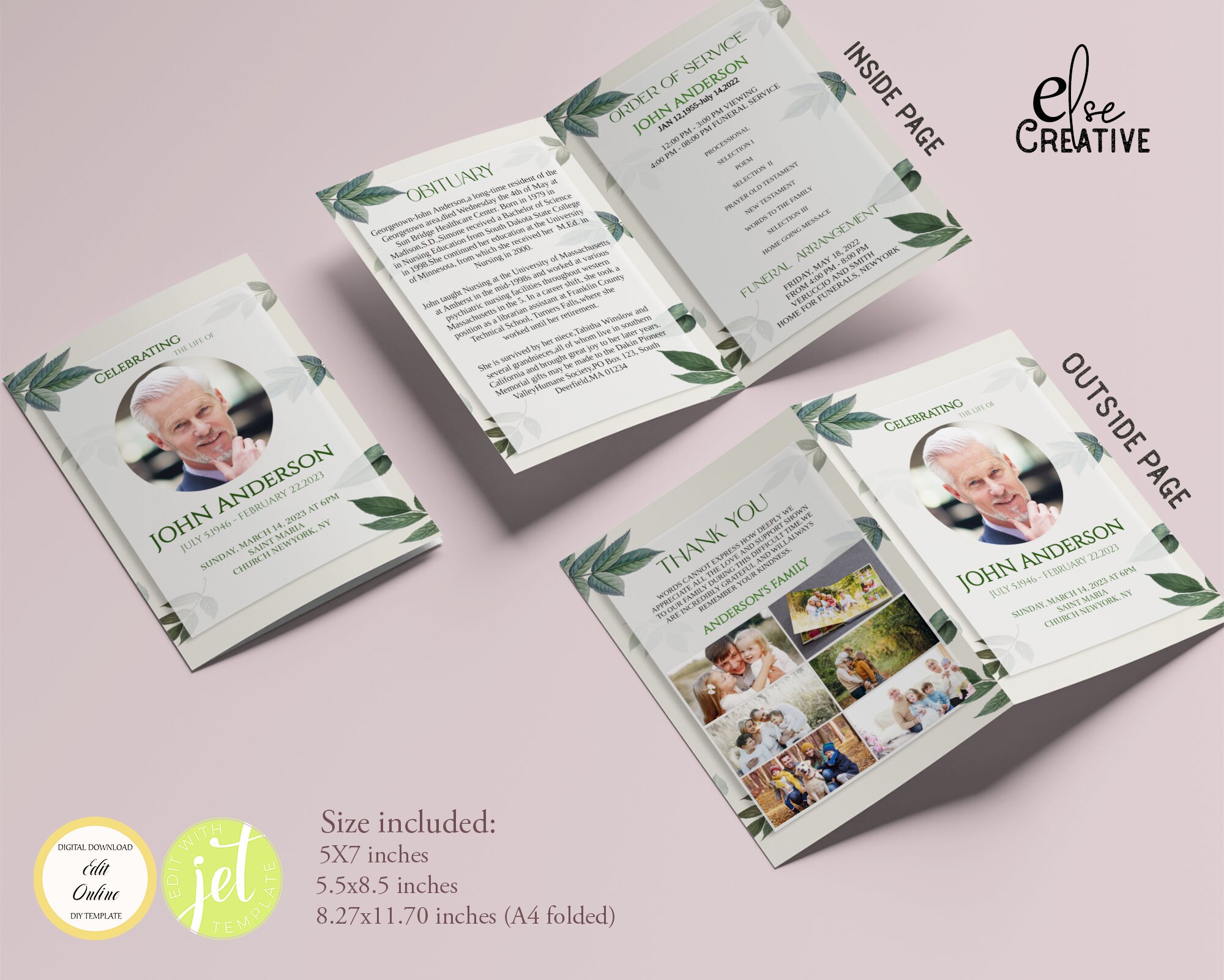 Greenery Leaves Funeral Program Template: Editable Memorial (digital ...