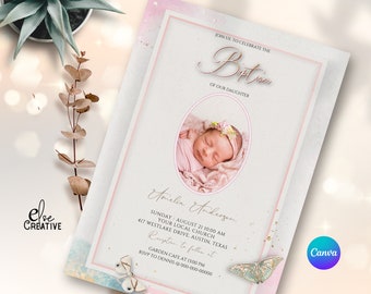 Plantilla de invitación para bautizo de niña: Mariposa rosa de acuarela (descarga instantánea)