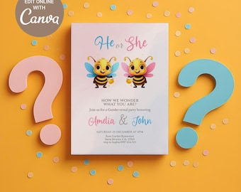 Convite para Revelação de Gênero com Tema de Abelha | Modelo Editável no Canva (Download Digital)
