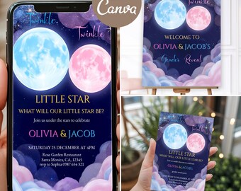 Convite para Revelação de Gênero com Tema "Estrela Cintilante", Modelo Editável no Canva (Evite Digital)