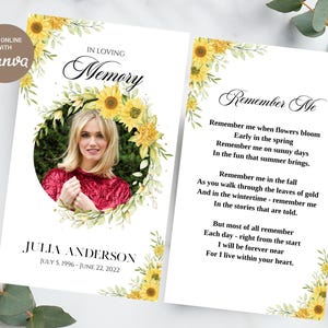May include: A memorial card with a photo of a woman in a red top, surrounded by a floral wreath of sunflowers and greenery. The text reads "In Loving Memory" and "Julia Anderson, July 5, 1996 - June 22, 2022."