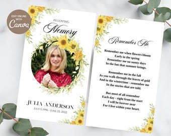 Cartão de Oração Funerária Girassol: Modelo de Lembrança Memorial (Download Digital)