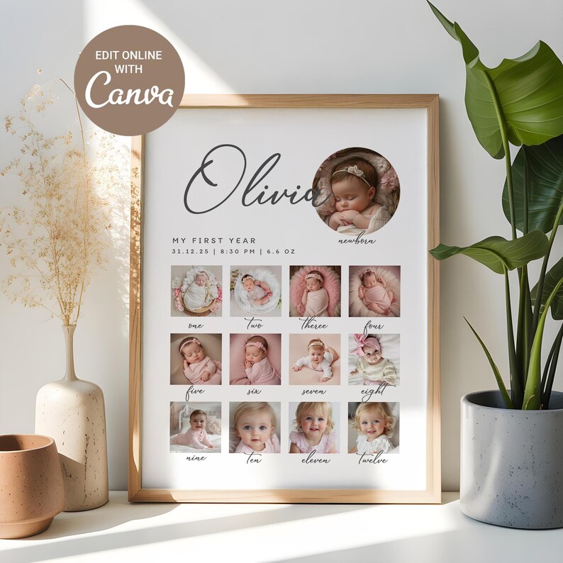 Editable First Year Photo Collage, Baby Milestone Poster, 12 Month Picture Board, Neutral Nursery Decor, Canva Template image 3