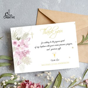 Modèle de remerciement pour baptême, première communion, fleurs roses, téléchargement immédiat, entièrement modifiable, carte bohème modifiable, à essayer avant d'acheter, démo gratuite,01