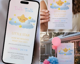 Convite para Revelação de Gênero "Estrela Cintilante", Evite, Placa de Boas-Vindas (Modelo Digital Canva)