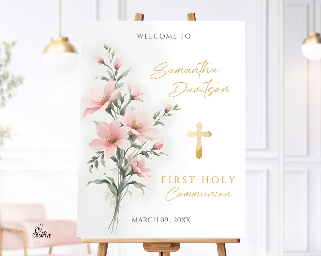 First Communion Welcome Sign Pink Floral First Communion Welcome Sign Template (digital Download) - Etsy