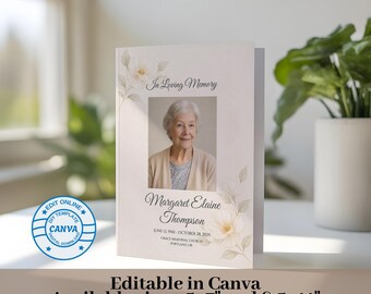 Modelo de programa funerário editável no Canva, programa de cerimônia memorial, programa funerário floral, obituário para impressão
