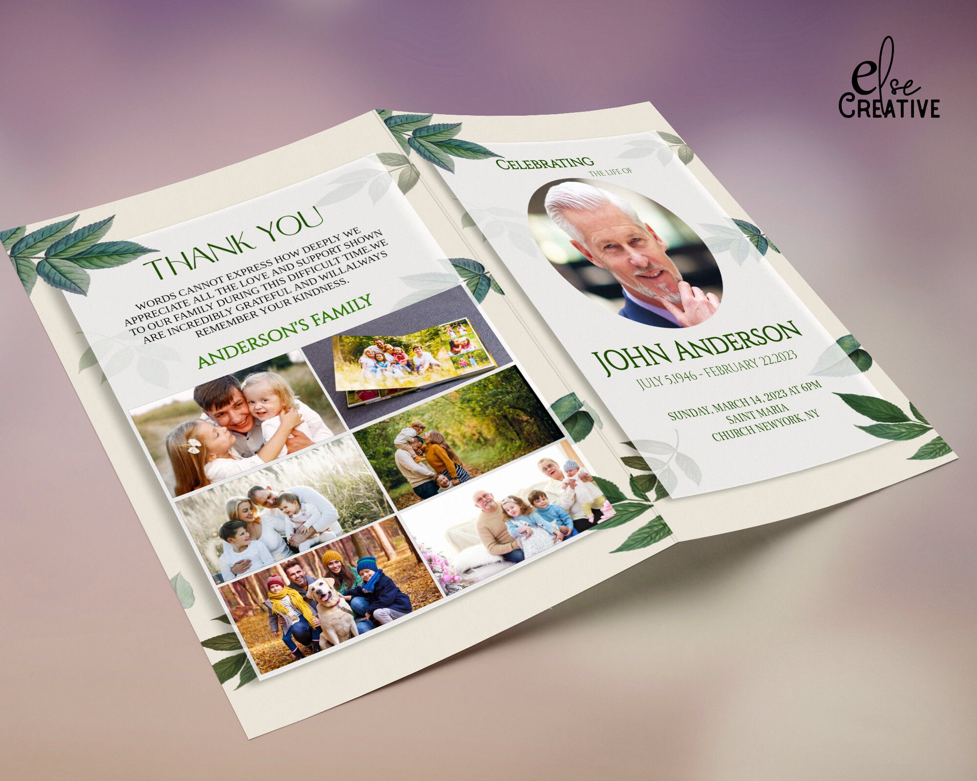 Greenery Leaves Funeral Program Template: Editable Memorial (digital ...