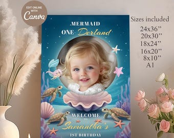 Placa de boas-vindas de aniversário da Mermaid ONE-derland: Festa Submarina (Modelo Canva)