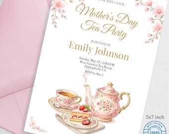 Convite para Festa do Chá do Dia das Mães, Estampa Floral em Aquarela, Convite "Mamãe e Eu" (Download Digital 5x7)
