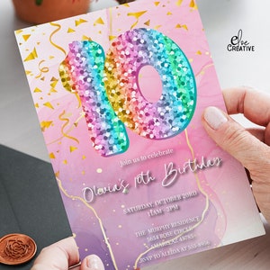 Editable Rainbow Foil Birthday Invitation Template (Digital Download)