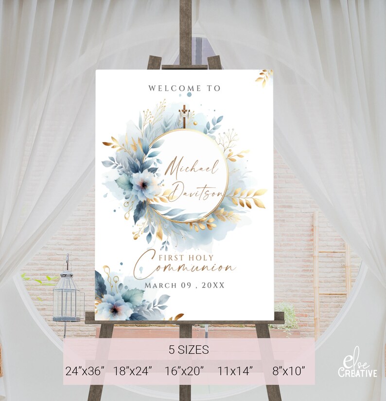 First Communion Welcome Sign First Communion Welcome Sign Template: Floral Decor (canva Editable ...