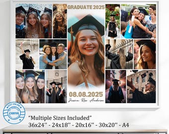 Pôster de colagem de fotos de formatura editável no Canva, quadro de memórias de formatura com 13 fotos, turma de 2025 - Download digital