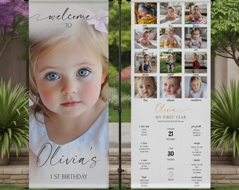 Faixa comemorativa de 1º aniversário: colagem de fotos editável, decoração para festa no jardim (download digital)