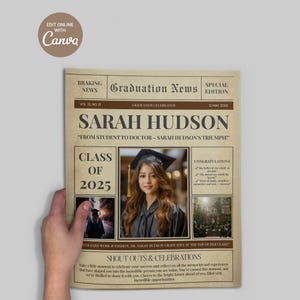 Graduation Newspaper Template – Editable Digital Graduation Announcement – Class of 2025 Canva Template