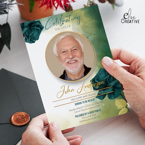 Modelo de anúncio de funeral, serviço memorial para impressão, convite de massa, cartão de convite simples, download instantâneo de arquivo digital 5x7 rosas verdes, 03