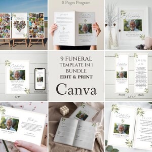 Op de afbeelding: Een verzameling begrafenis sjablonen, waaronder programma's, herdenkingskaarten en een gastenboek. De ontwerpen bevatten een foto van David Wilson, met bloemaccenten en de tekst "Celebrating the Life of". De sjablonen zijn bewerkbaar en printbaar.