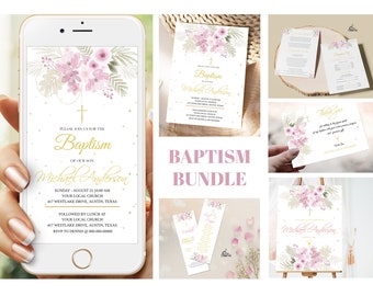 Rustic Pink Foliage Baptism Invitation Bundle (Editable Digital Download)